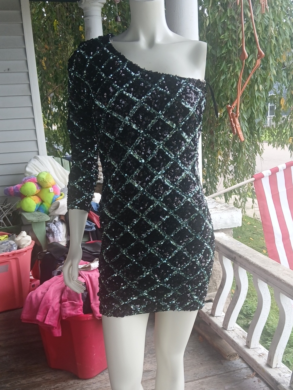 GUC Shein one shoulder formal sequin green black midi dress size XS